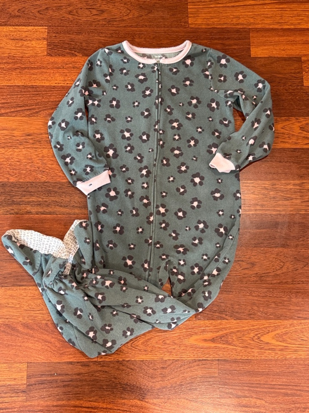 3/$12 Carter's Green Floral Footed Pajamas with Pink Trim (6)